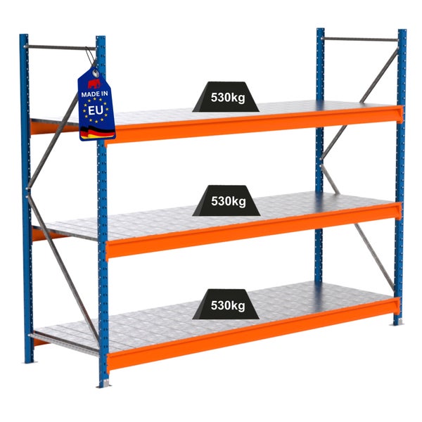 Lagerregal mit drei Ebenen und einer Traglast von 530 Kilogramm je Ebene. Hergestellt in der EU.