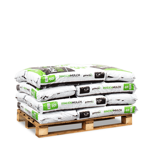 Palette mit Säcken Galamio Rindenmulch, 60 Liter pro Sack, Körnung 0 bis 40 Millimeter.