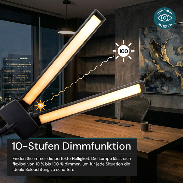Schreibtischlampe mit zwei schwenkbaren LED Lichtleisten und 10-Stufen Dimmfunktion von 10 bis 100 Prozent in einem modernen Büro.