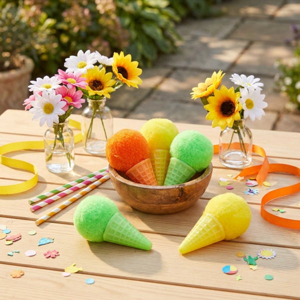 Dekorative Eiswaffeln aus Kunststoff und Schaumstoff in einer Holzschale auf einem Gartentisch mit Blumenvasen und Tischdekoration.