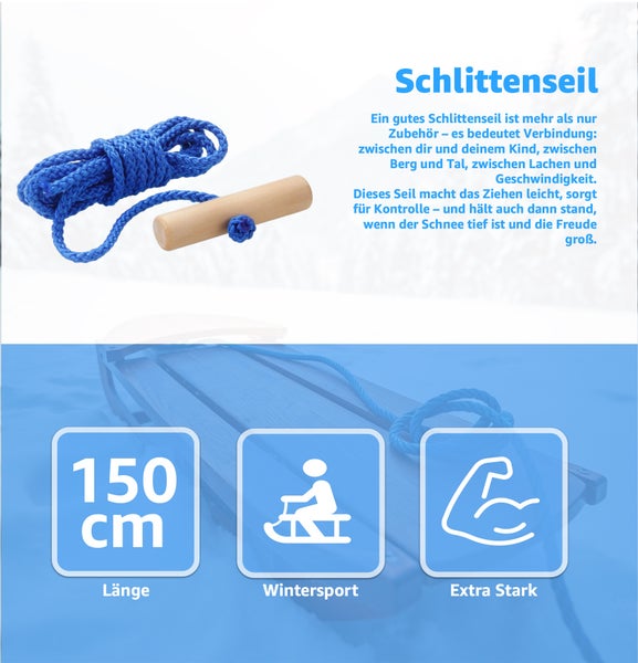 Schlitten Seil mit Holzgriff und den Symbolen Länge 150 Zentimeter, Wintersport und Extra Stark
