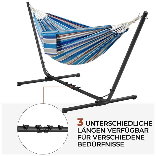 Gestreifte Hängematte mit Stahlgestell und drei verschiedenen Längen