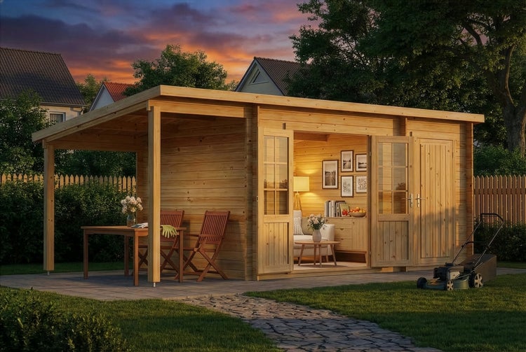 Großes Gartenhaus aus Holz mit Pultdach, integrierter Terrasse, Doppeltür mit Lichtausschnitten und eingerichtetem Innenraum.