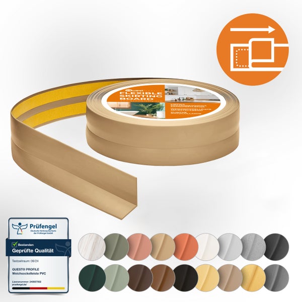 Flexible selbstklebende PVC Sockelleiste von Quest Profile auf einer Rolle mit verschiedenen Farbvarianten und Prüfsiegel.