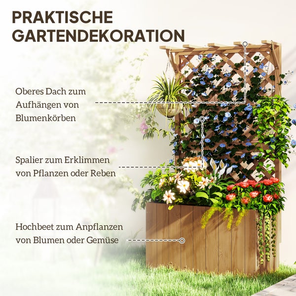 Outsunny Hochbeet Pflanzkasten mit Rankgitter Dach Spalier Pflanzkübel Blumenkasten Holz, Gartenspalier 64 x 33 x 122cm für Garten Balkon Terrasse, Blumenkübel für Kletterpflanzen Korbpflanzen, Blumen