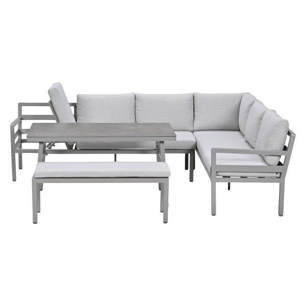 Gartenmöbel-Set bestehend aus Ecksofa, Tisch, Bank und verstellbarem Sessel aus grauem Aluminium mit hellgrauen Polstern.