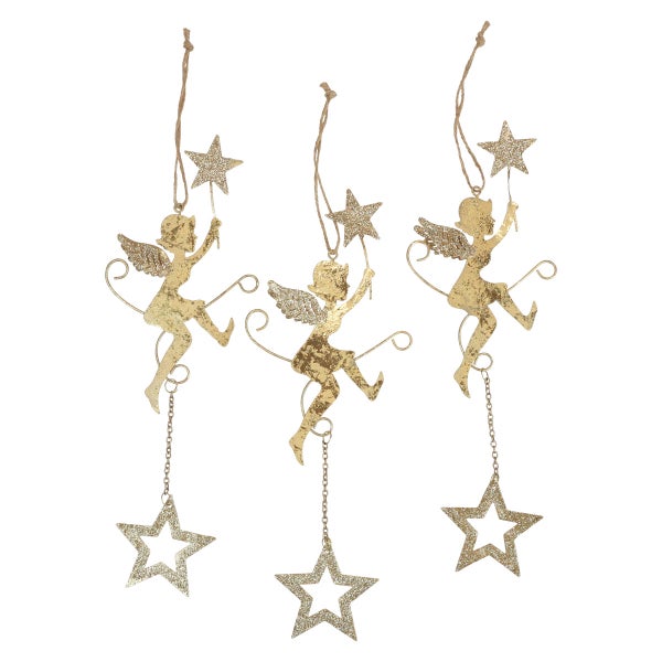 Drei goldfarbene Weihnachtsbaumhänger mit Engel und Sternmotiven