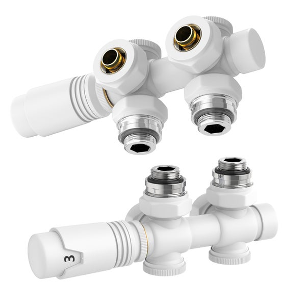 EMKE Multiblock Heizkörperthermostat-Set für Heizkörper φ16 × G1/2, 2 Stück Set, Anschlussarmatur und Ventil mit Thermostat, Weiß