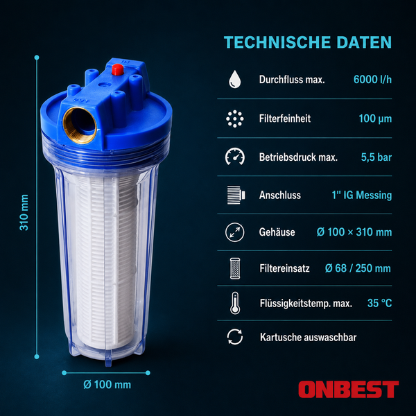 Vergleich des Wasserfilters ONBEST WF-6055 mit Standardfilter: Messing-Anschluss 1 Zoll, auswaschbare Kartusche und 6000 Liter pro Stunde Durchfluss.