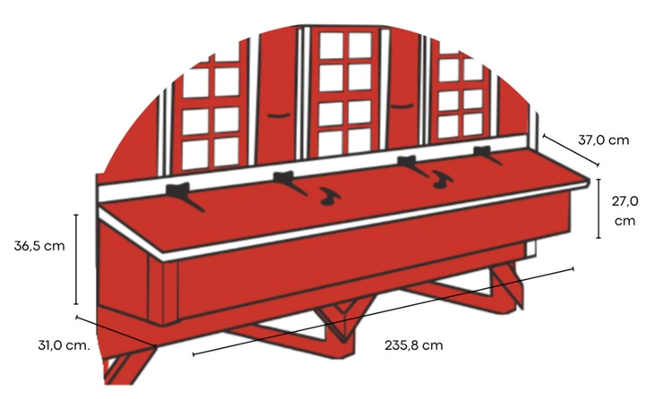 Technische Zeichnung einer Werkbank mit den Maßen 235,8 cm Länge, 37 cm Tiefe und 36,5 cm Höhe.