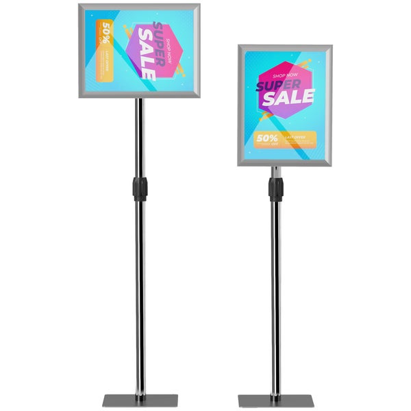 Zwei Plakatständer mit höhenverstellbarem Teleskopstativ und silbernem Klapprahmen für Werbeplakate im Hoch- und Querformat.
