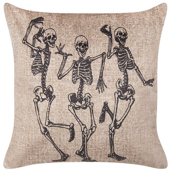Kissen mit drei tanzenden Skeletten, Leinenoptik, Dekokissen für Halloween.