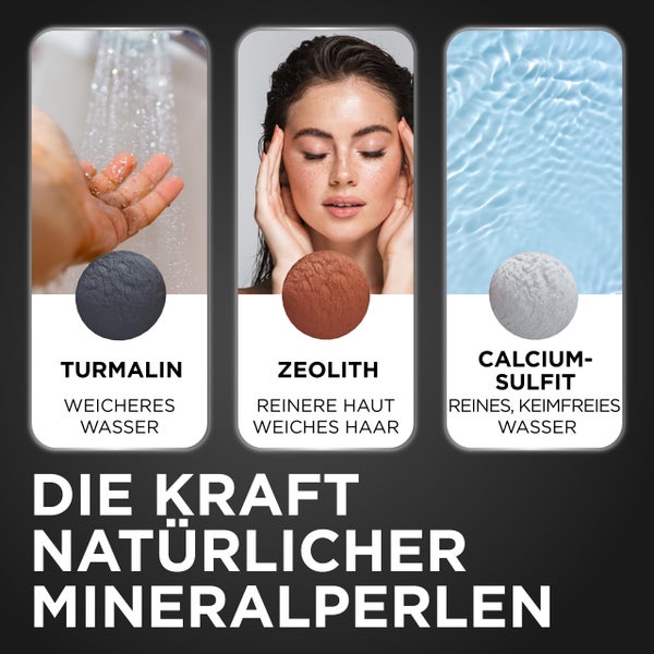 LOBENSWERK Duschkopf Schwarz Matt [3 Funktionen] mit natürlichen Mineralperlen für reines Wasser & Haut | Duschbrause druckerhöhend mit Booster-Modus + Ersatzperlen