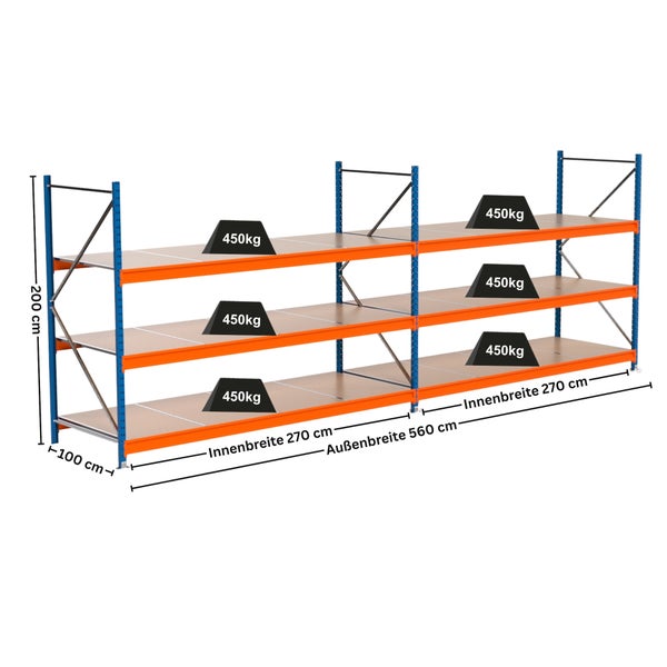 Regal mit drei Ebenen und den Maßen 200 cm Höhe, 100 cm Tiefe und 560 cm Außenbreite