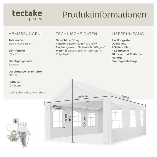 Pavillon tectake Jasko inklusive Spannseilen und Heringen 6 x 4 m weiß