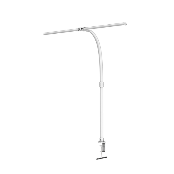 Weiße LED-Schreibtischlampe mit Tischklemme und langem, schwenkbarem Leuchtenkopf aus Metall.