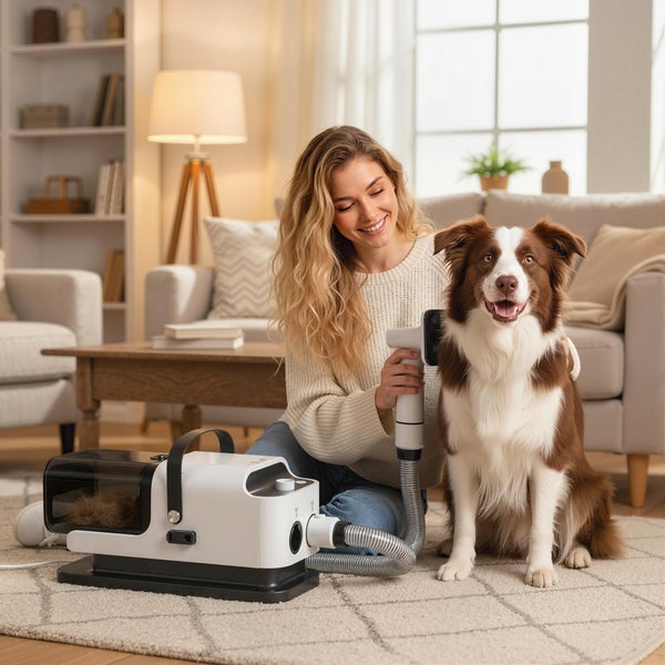 Eine Frau bürstet einen Hund mit einem weißen Tierhaarsauger in einem hellen Wohnzimmer.