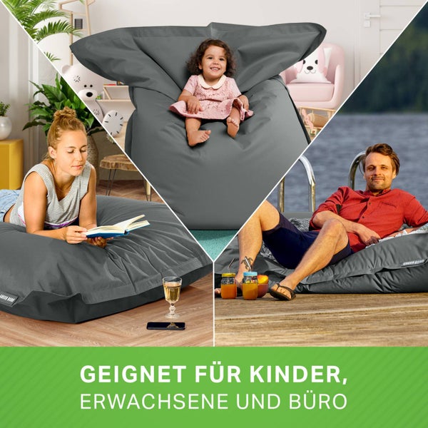 Green Bean Sitzsack 120x160cm 270 Liter Kinder & Erwachsene Bean Bag EPS Perlen Füllung Riesensitzsack Groß Draußen Outdoor Liegekissen Waschbar Wetterfest Lounge Chair Sitzkissen Bodenkissen Grau