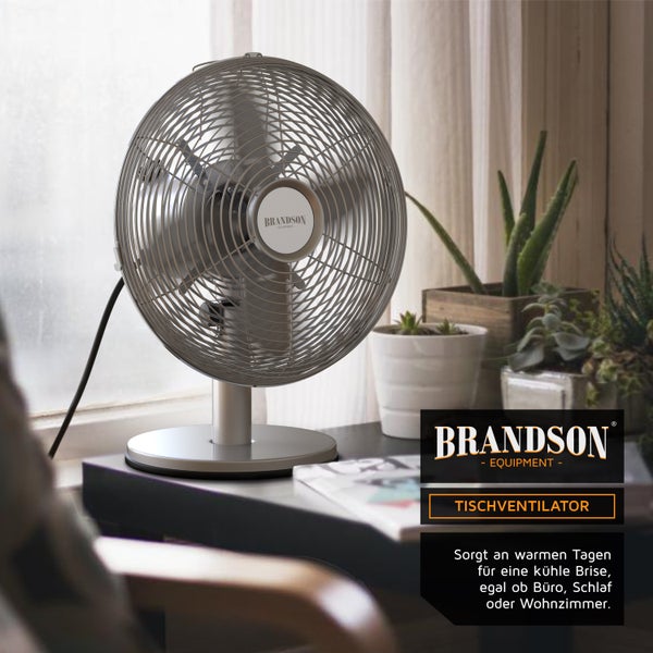 Brandson Tischventilator, mobiler Lüfter, oszillierend 80°, Ventilator mit 3 Geschwindigkeitsstufen, Robustes Voll-Metallgehäuse, Neigung ca. 40°