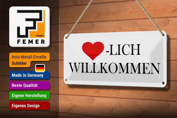 Blechschild Spruch 27x10 cm Herzlich Willkommen Herz Dekoration