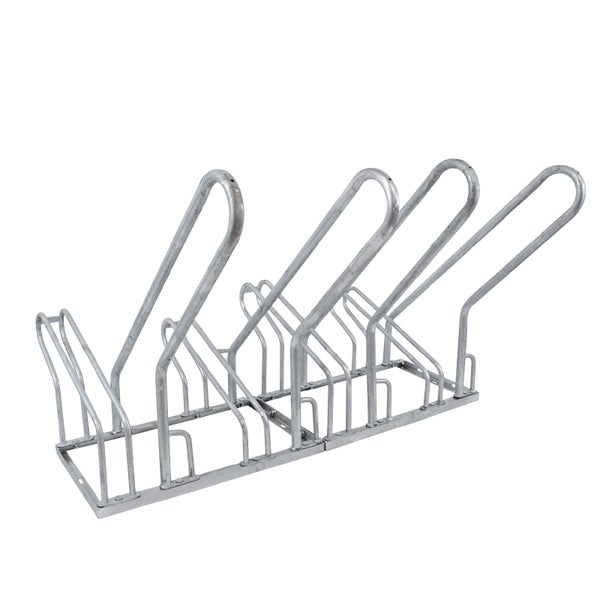 Fahrradständer aus verzinktem Stahl für vier Fahrräder mit schrägen Haltebügeln.