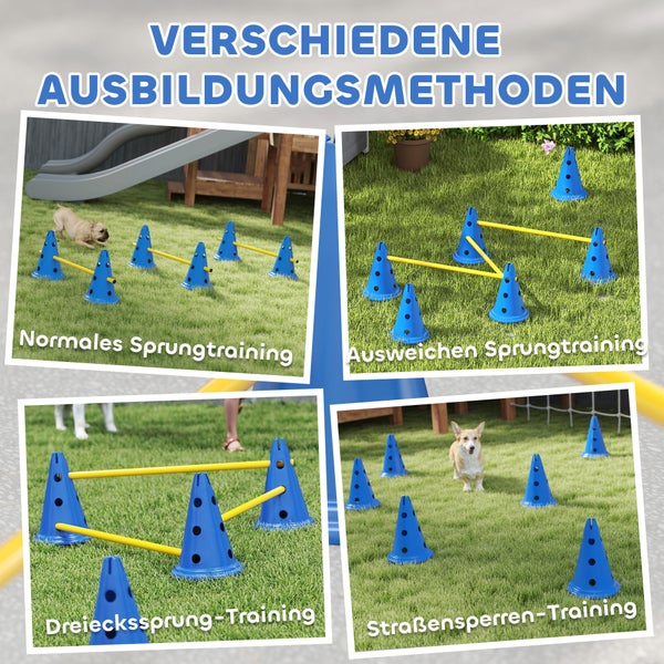 Agility-Set für Hunde mit blauen Pylonen und gelben Stangen auf Rasen, zeigt vier verschiedene Trainingsmethoden.