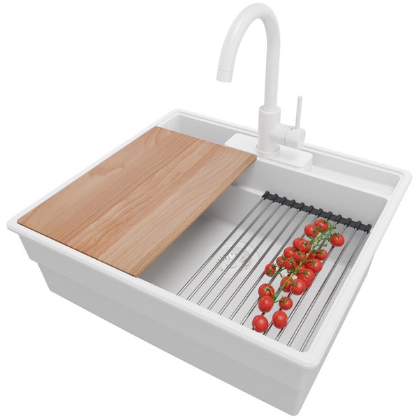 PRIMAGRAN Granitspüle Alles Weiß 58x53cm, Spülbecken 1 Becken + Küchenarmatur 32x20cm + Ablauf-Set + Küchenzubehörset, Küchenspüle ab 60er Unterschrank - New York