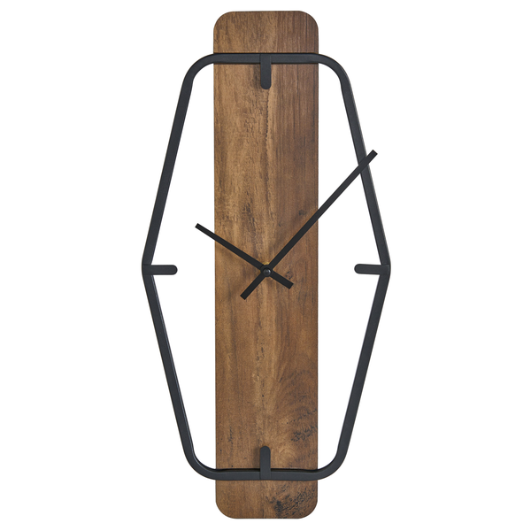 Moderne Wanduhr mit Holzpaneel und geometrischem Metallrahmen