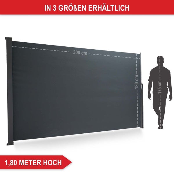 Seitenmarkise mit den Maßen 300 Zentimeter Breite und 180 Zentimeter Höhe sowie einer Personensilhouette zum Größenvergleich.