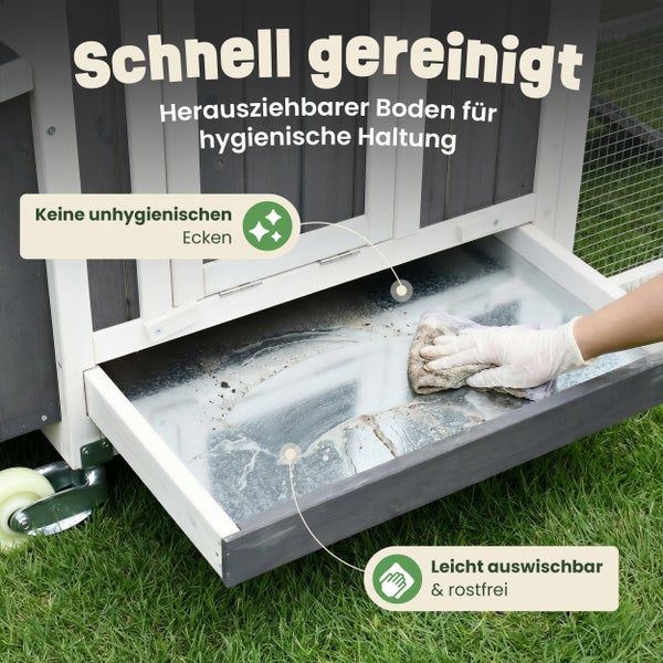 Detailansichten eines Hühnerstalls mit abgerundeten Sitzstangen, Plexiglasfenstern, Metallverschlüssen und einem verstellbaren Lüftungsschacht.