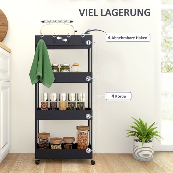 HOMCOM Rollwagen, Küchenwagen mit 4 Ebenen, Aufbewahrungsregal mit Rollen, Servierwagen mit Bremsen, Küchenregal für Schlafzimmer, Küche, Wohnzimmer, Kunststoff, Schwarz, 40 x 19 x 90 cm