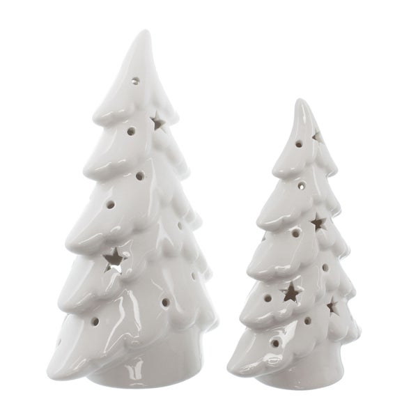 Zwei dekorative Weihnachtsbäume aus Keramik mit Sternenmuster