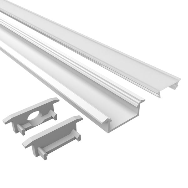 TIVENDIS Led Alu Profil 2 m EF2 weiß Komplett Set für Strip / Streifen bis 12 mm breit | Abdeckung satiniert milchig, Endkappen |  Einbau Fußleisten Flachprofil pulverbeschichtet