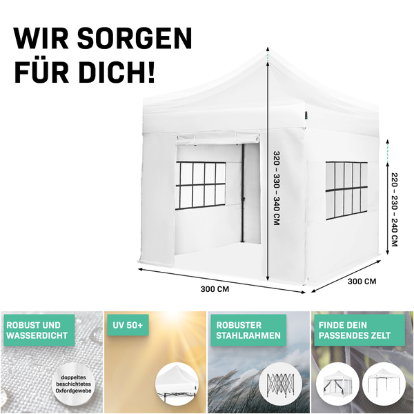 VONROC Pavillon 3x3m wasserdicht stabil - Partyzelt EasyUp System [3Min Aufbau] Popup Faltpavillon modular erweiterbar als Festival Zelt, Gartenpavillon