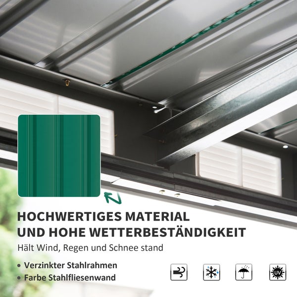 Outsunny Gerätehaus, Geräteschuppen mit Schiebetür, Lüftungsfenster, Pultdach, Outdoor, 280 x 130 x 172 cm, Stahl, Dunkelgrün