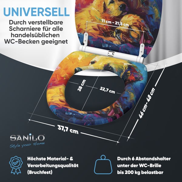 Sanilo WC-Sitz mit Hunde-Motiv, verstellbare Scharniere, bruchfestes Material, bis 200 Kilogramm belastbar, mit Maßangaben zur Montage.