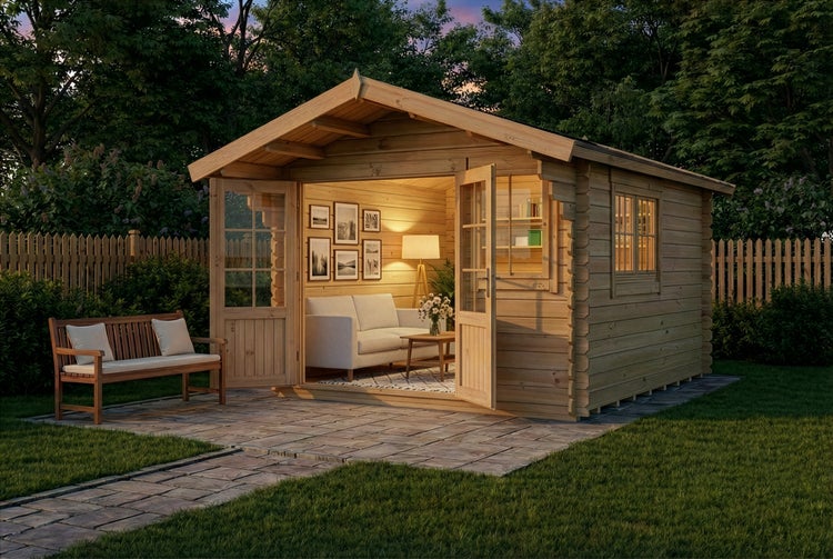 Holzgartenhaus mit geöffneten Türen und Fenstern, ausgestattet mit Sofa und Dekoration, auf einer Terrasse mit Gartenmöbeln