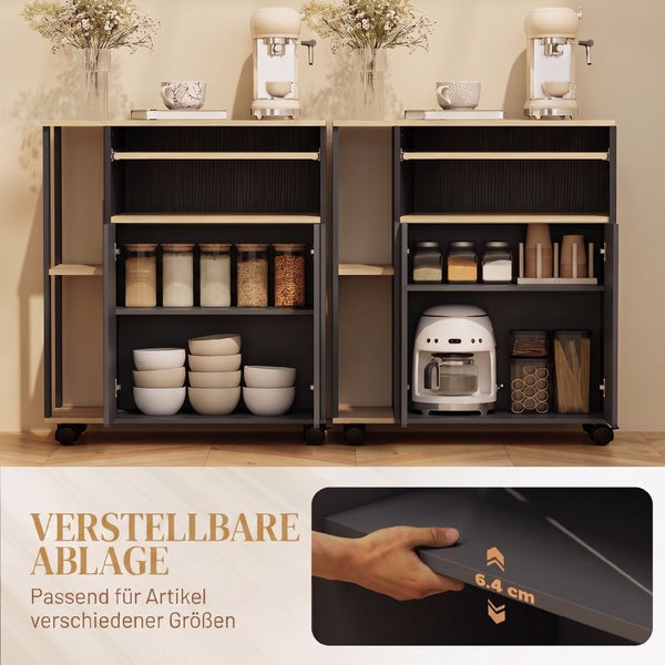 Zwei moderne Küchenwagen mit verstellbaren Regalböden, Vorratsgläsern, Geschirr und Kaffeemaschine. Detailansicht der verstellbaren Ablage.