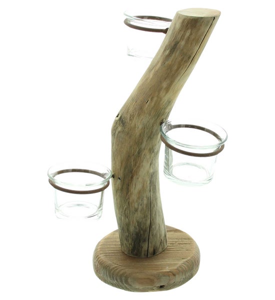 FRANK FLECHTWAREN | Teelichthalter Naturschön, HOLZ, GLAS, METALL, 16 x 14,5 x 28 cm, Glas Ø 6,2 x 4,5 cm