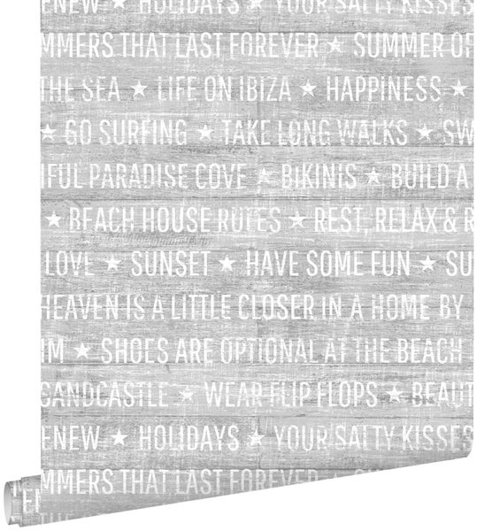 ESTAhome Tapete sommerliche Texte Grau - 53 cm x 10.05 m - 148638