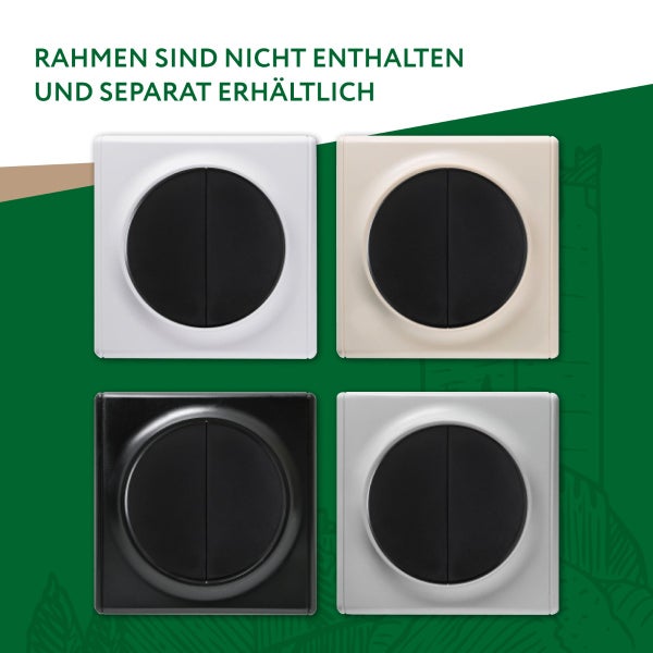 Vier quadratische Wippschaltereinsätze mit runden Wippen in unterschiedlichen Ausführungen, Rahmen sind nicht enthalten und separat erhältlich.