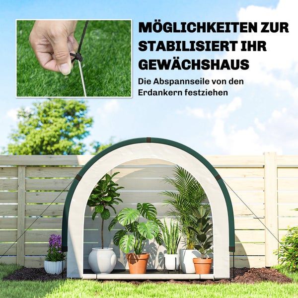 Kleines bogenförmiges Gewächshaus im Garten mit Topfpflanzen sowie Darstellung der Stabilisierung durch Abspannseile und Erdanker.