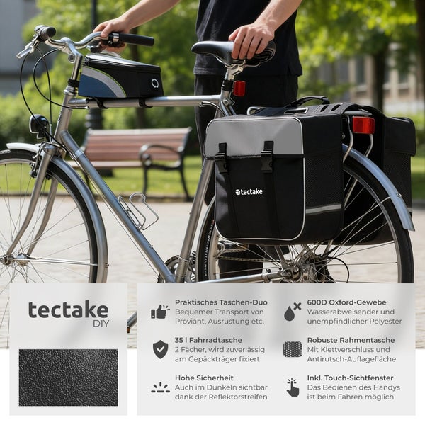 Fahrrad mit Gepäckträgertasche und Lenkertasche von tectake