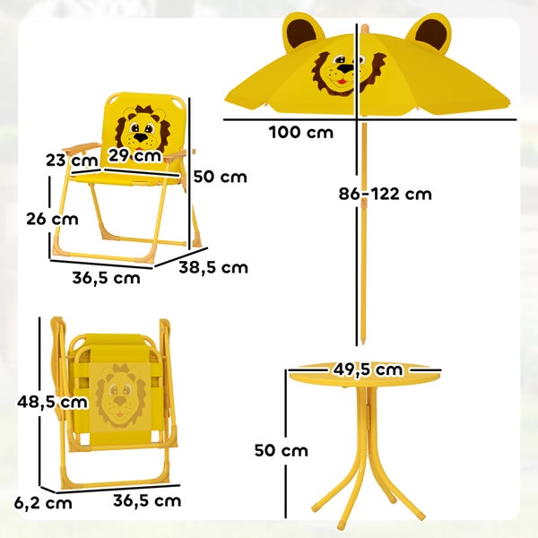 Kindersitzgruppe mit Tisch, Stuhl und Sonnenschirm mit Löwenmotiv und Maßangaben