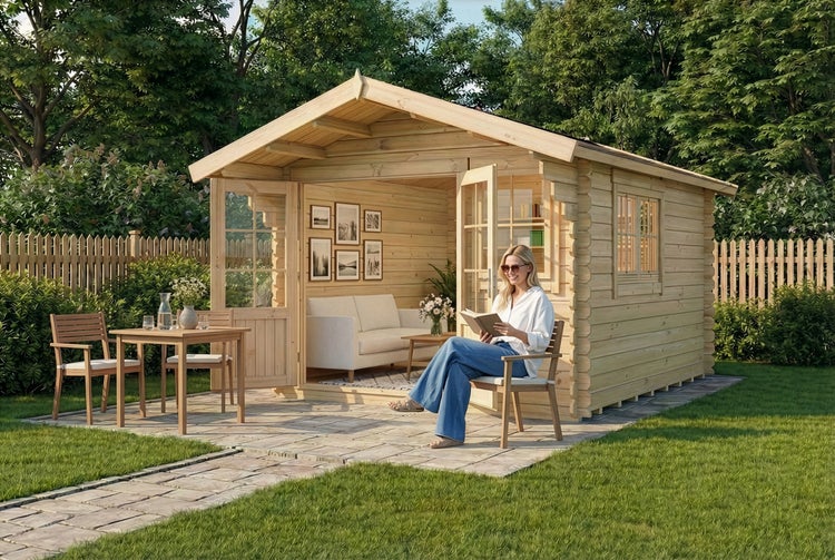 Holzgartenhaus mit Terrasse, Bank und Inneneinrichtung im Garten