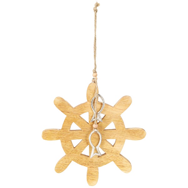 Dekoratives Holzsteuerrad mit maritimen Anhängern und Schnuraufhängung