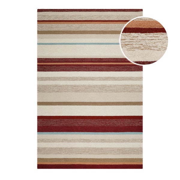 Gestreifter Teppich in Rot, Beige und Blau mit Detailansicht der gewebten Textur.