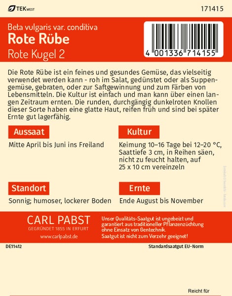 Rückseite der Samentüte Schleierkraut Maxima Alba mit Informationen zu Aussaat, Kultur, Standort und Blüte. Carl Pabst Logo und TEKWEST Logo.