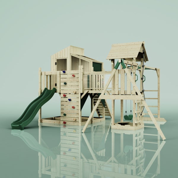 Spielplatz aus Holz mit Rutsche, Schaukel und Kletterwand