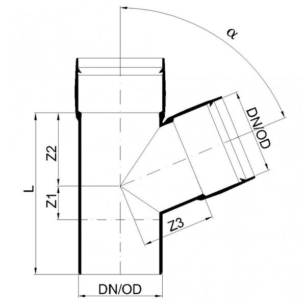 Technische Zeichnung eines Rohr-Abzweigs mit Angaben zu Länge, Winkel und Durchmesser.